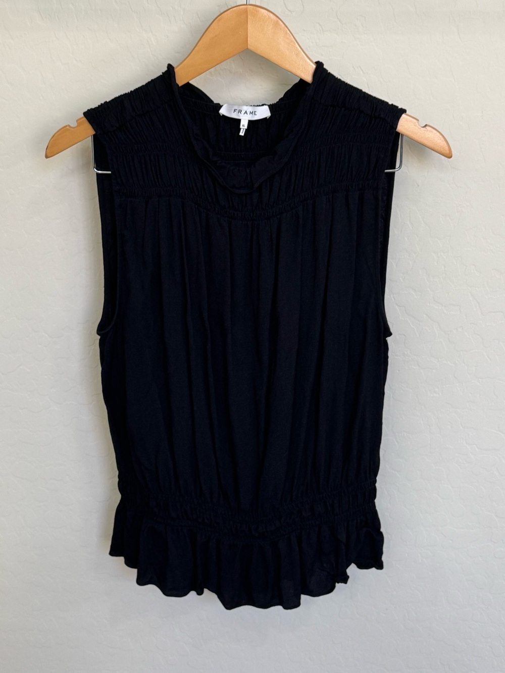 FRAME Noir Smocked Sleeveless Mock Neck Blouse Black Top Size XL